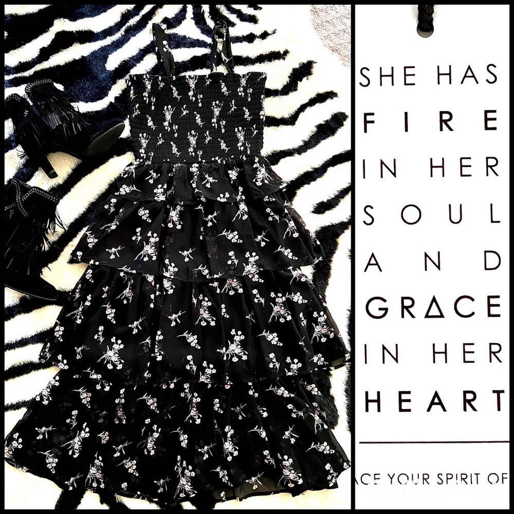Spirit of Grace Smocked Ruffle Tiered Black Floral Dress NWT M CLASSY Cowgirl